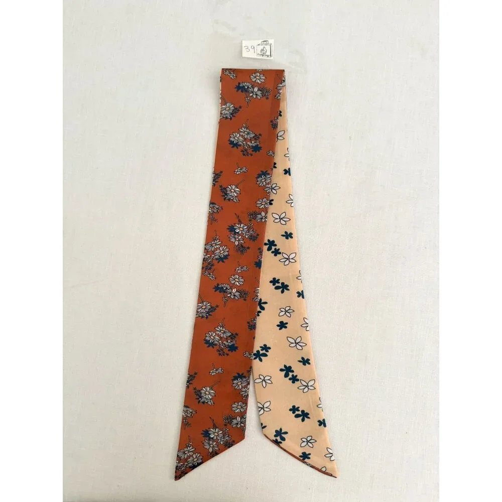 Slim Scarf 34in Rust and Cream Floral Duo Print 2 Sided Neck Hair Bag Wrap No39 - Picture 6 of 9